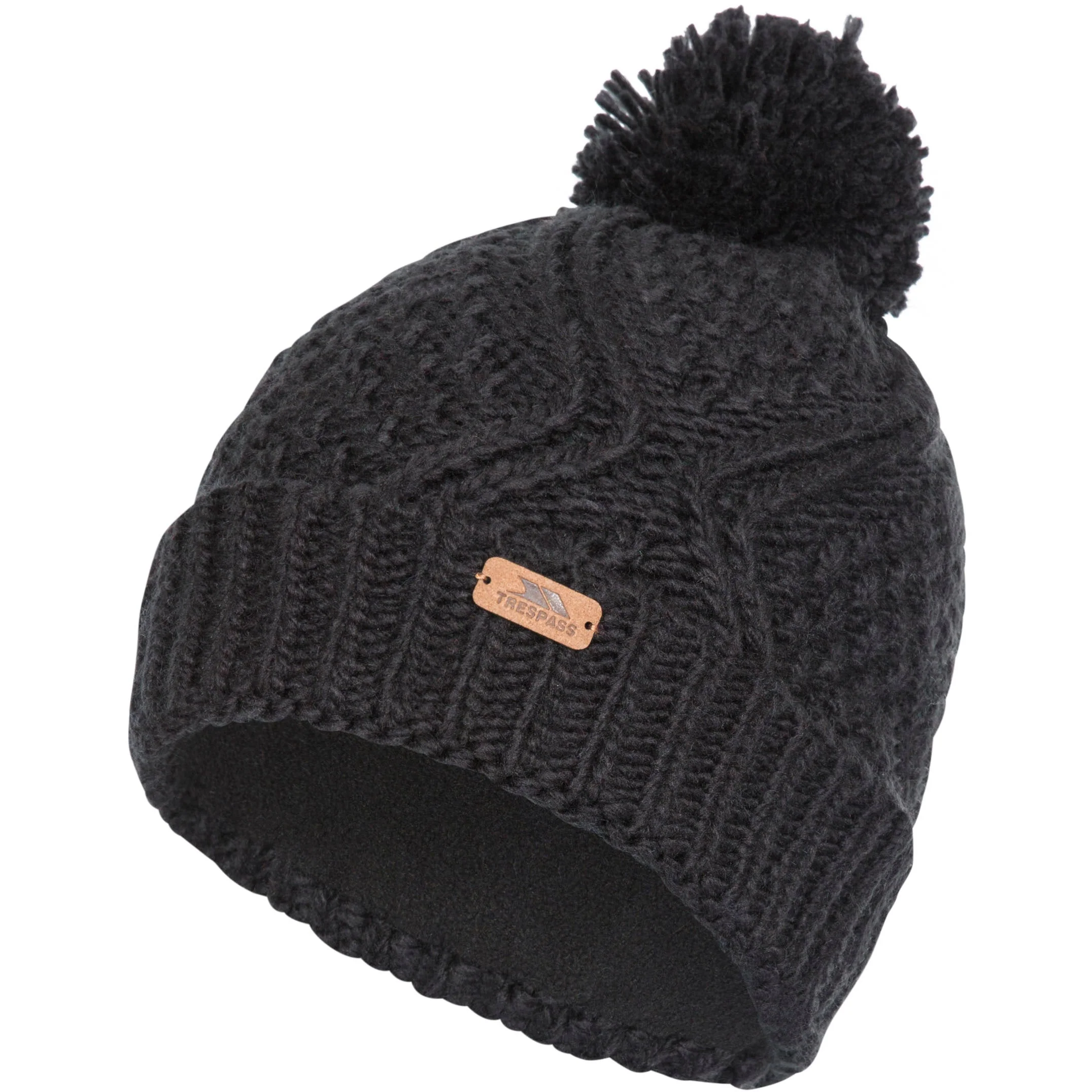 Zyra Women's Knitted Bobble Hat in Black with Fleece Lining